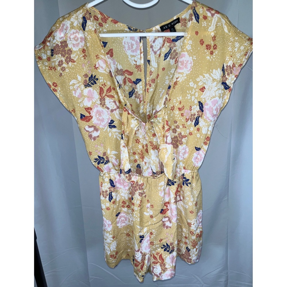 As U Wish Floral Tie Front Romper Mustard Yellow Boho Summer Casual Medium